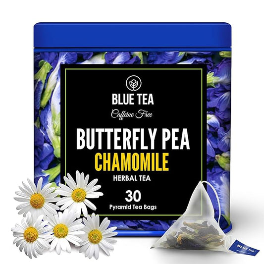 BLUE TEA - Butterfly Pea Flower Tea - Chamomile - 30 Count - Pyramid Plant Based Tea Bag | ANTIOXIDANT RICH | Caffeine Free - Flower Based - Calming Tea - Non-Bitter - Non-GMO | Tin Packaging - Bloomnest