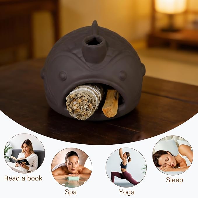 Handmade Black Fish-Shaped Palo Santo Holder - Charming Sage Burner for Cone Incense & Chiminea with Chimney - Thoughtful Gift for Energy Cleansing, Yoga, Spa, Altar Decor & Aromatherapy MOUGIGI