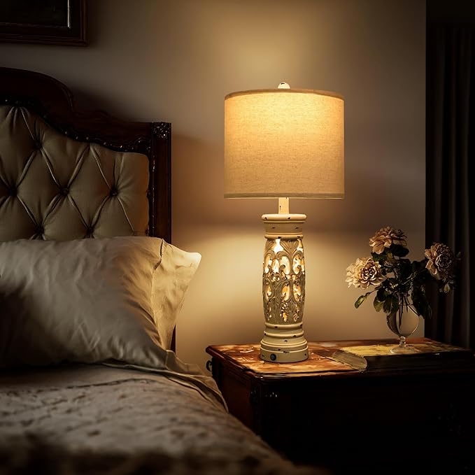 BOBOMOMO 27.25” Farmhouse Table Lamps Set of 2 – Antique White Bedside Lamps with Night Light & USB A+C Ports, Vintage Lamps for Bedroom, Living Room, Entryway, Console Table (Bulbs Included)