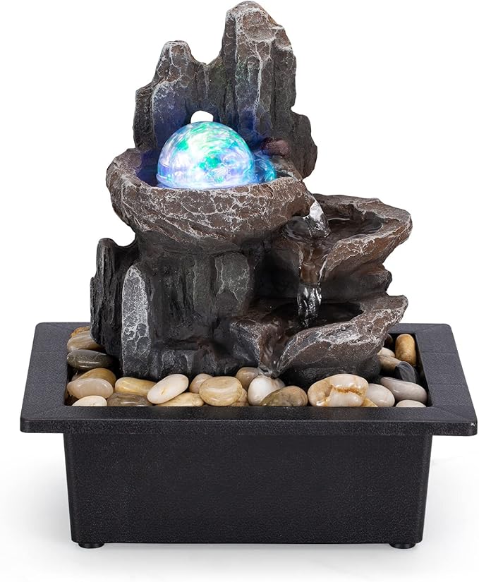 Tabletop Fountain Rotating Ball Rock Waterfall Fountain Office Tabletop Fountains for Home Office Decor Includes Many Natural River Rocks Decorated with Colorful Lights and Rolling Ball - Bloomnest