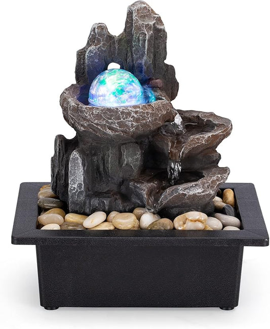 Tabletop Fountain Rotating Ball Rock Waterfall Fountain Office Tabletop Fountains for Home Office Decor Includes Many Natural River Rocks Decorated with Colorful Lights and Rolling Ball - Bloomnest