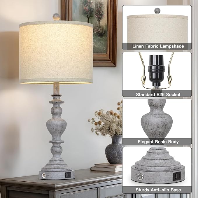 27" Tall Table Lamps for Living Room, 3-Way Dimmable Touch Control Farmhouse Vintage Table Lamps Set of 2 with USB C+A Ports and AC Outlets, Rustic Bedside Nightstand Lamp for Bedrooms Office Grey - Bloomnest
