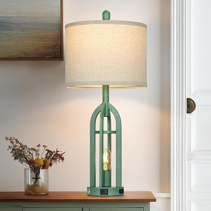 27" Tall Coastal Lamp,Retro-Green Vintage Bedside Nightstand Lamps with USB C+A & AC Outlet,3-Way Dimmable Touch Control Table Lamps for Bedroom Living Room with Night Light,Single Green - Bloomnest