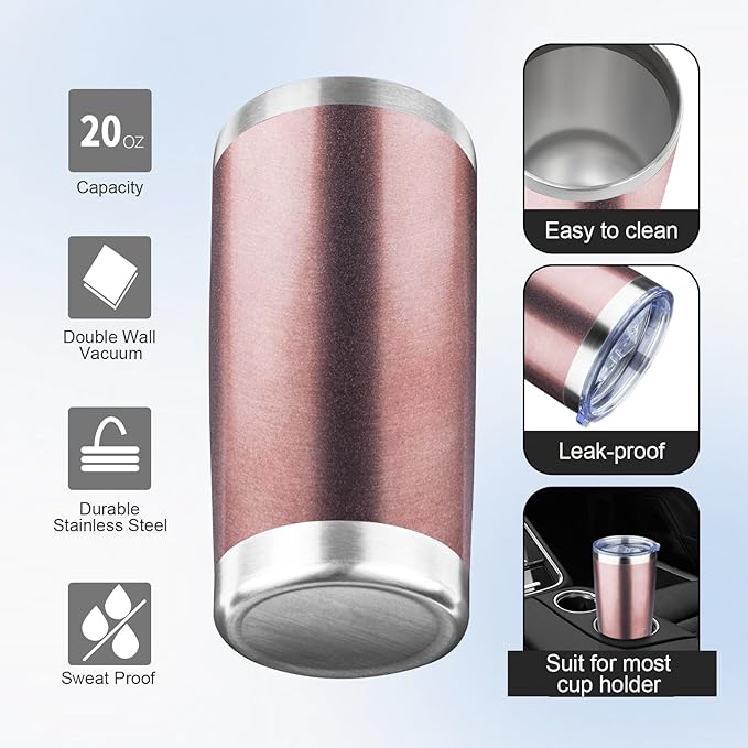 20oz Tumbler with Lid and Straw Double Wall Powder Coated Vacuum Insulated Coffee Tumbler Stainless Steel Insulated Travel Coffee Mug Spill-Proof Thermal Cup for Hot and Cold Beverage,Rose Gold - Bloomnest