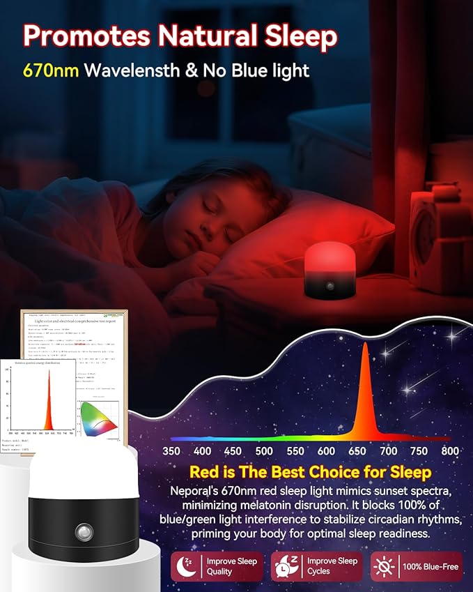 Neporal REDIX 670nm Red Light for Sleep, 100% Blue Light Blocking Night Light, Dimmable & 4 Timer Natural Promoting Melatonin for Fall Sleep, Specific Remote Touch Control Sleep Lamp for Bedroom - Bloomnest