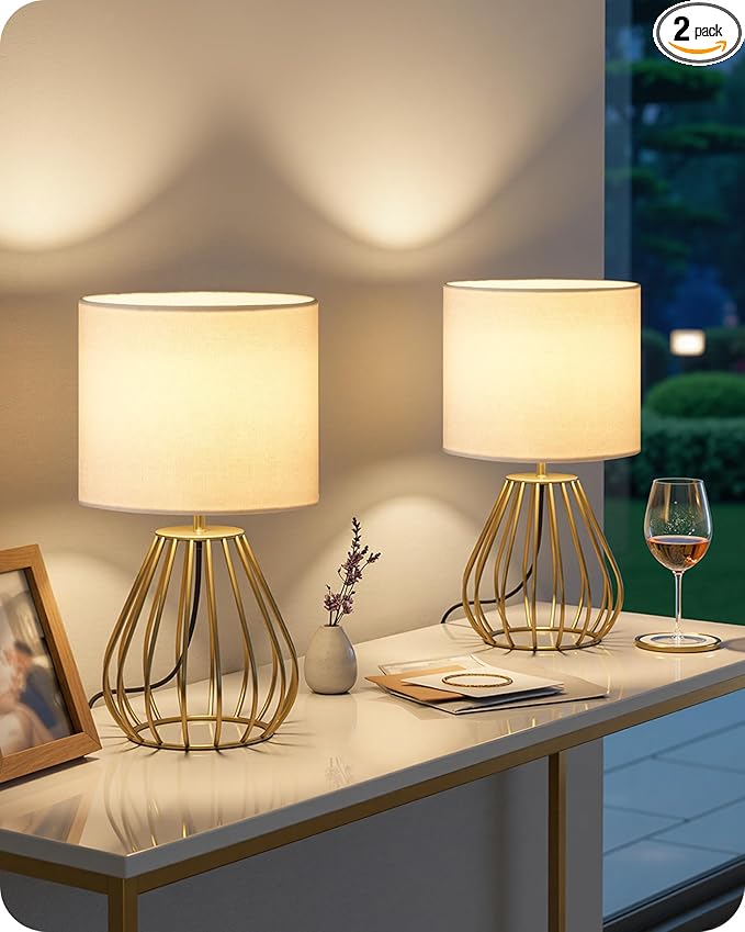 Gold Table Lamp Set of 2, Small Bedside Lamp with Gold Metal Base & White Linen Lampshade, Modern Nightstand Lamp, Little Cute Desk Lamp for Bedroom, 2700K LED Bulb Included DCW06TLP205 - Bloomnest