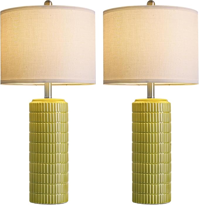 PoKat 27.5'' Tall Table Lamps for Living Room Set of 2, Mid Modern Century Ceramic Bedroom Lamps for Night Stands, Bedside Lamps for Bedroom, Nightstand Lamps for Side End Table Hallway, Green - Bloomnest