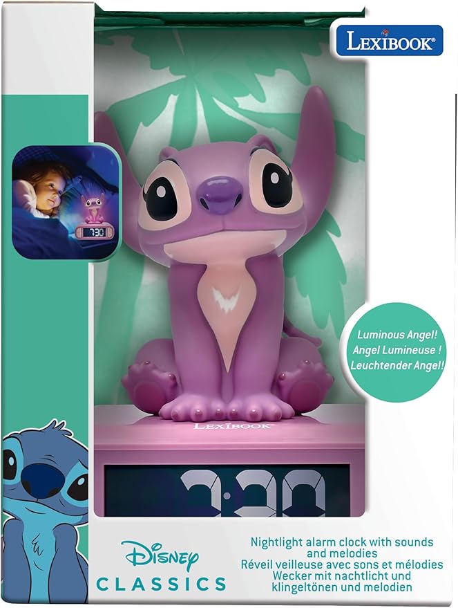 LEXiBOOK, Disney Stitch, Angel Night Light Alarm Clock, Sounds and Melodies, Backlit LCD Screen, Luminous, Snooze, Pink, RL800D1 - Bloomnest