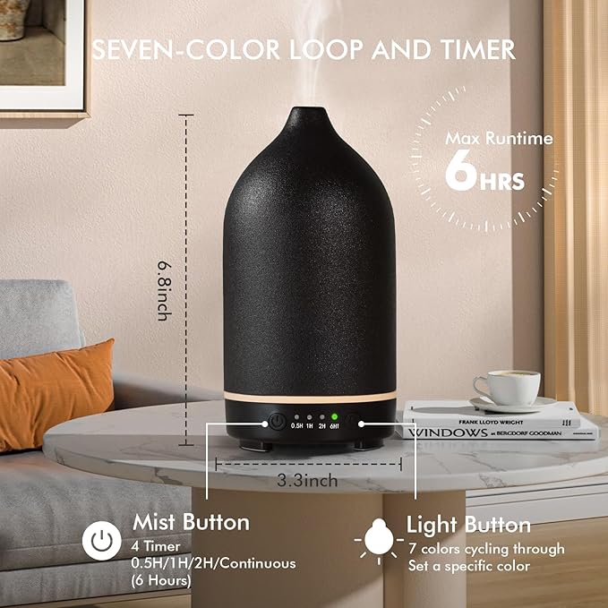 Essential Oil Diffuser Ceramic Diffuser - 150ml Aromatherapy Diffuser for Essential Oils with Timer and 7 Colors LED Light Ultrasonic Aroma Diffuser with Auto Shut-Off, Home Office Decor&Gift (Black) - Bloomnest