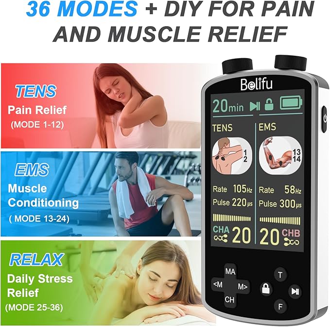 TENS EMS Unit Muscle Stimulator for Pain Relief Therapy - 4 in 1 TENS & EMS & Relax & Custom Frequency + Pulse - Muscle Massager 36 Modes 20 Intensity, Memory & Favorites Function with 600mAh Battery - Bloomnest