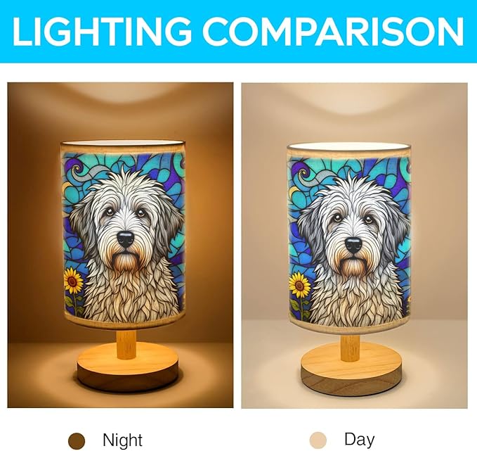 Old English Sheepdog Table Lamp LED 3-Color Pressed Bedside, Dog Shade Lamp with Wood Base for Bedroom Living Room Desk Office - Bloomnest