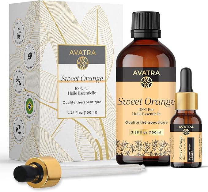 Avatra Brazilian Sweet Orange Essential Oil 100ml (3.38oz) - 100% Pure & Natural Orange Oil with Glass Dropper & Travel Bottle - Premium Essential Oil for Diffuser, Aromatherapy, Massage & DIY Candles - Bloomnest