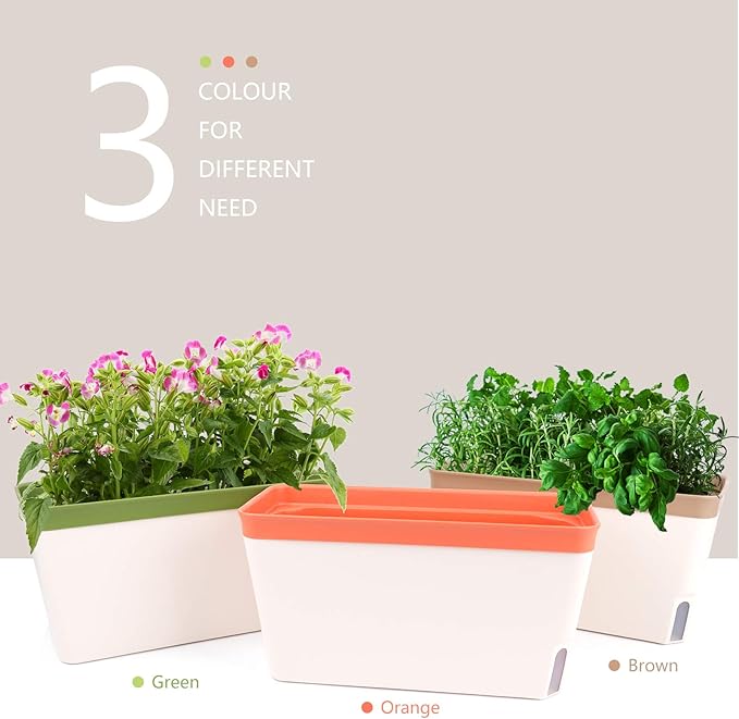 OurWarm Windowsill Herb Planter Box, Set of 3 Self Watering Plant Pots, 10.5 Inch Rectangular Planter Pot, Decorative Garden Flower Pots for Indoor Plants, Herbs, Vegetables, Flowers (3 Colors) - Bloomnest