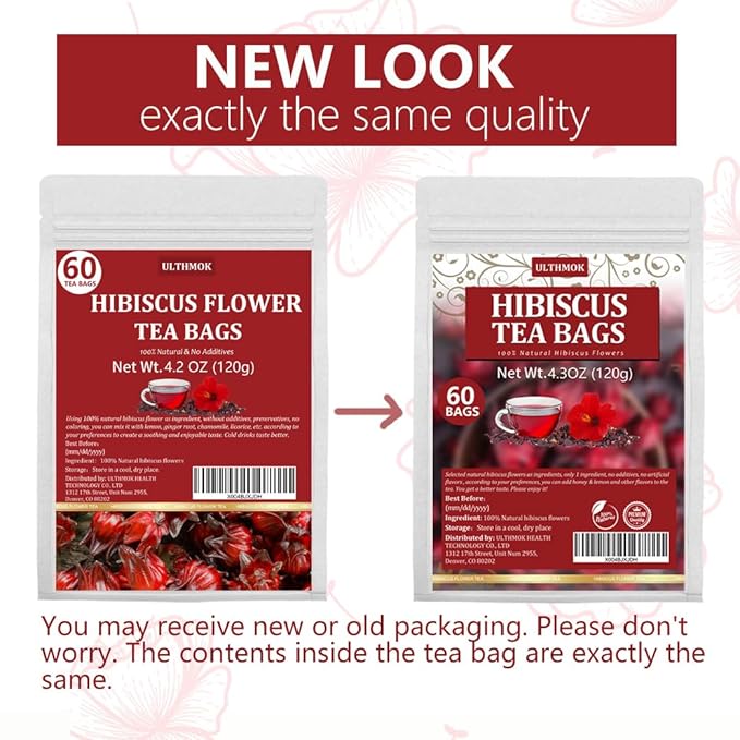 Premium Hibiscus Tea Bags,60 Tea Bags 2g /4.24 Oz,100% Pure Dried Hibiscus Flower,Natural & No Additives,Caffeine Free. - Bloomnest