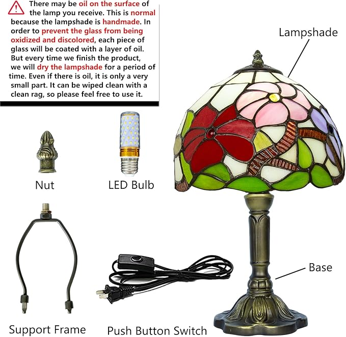 8 Inch Tiffany Lamp, Small Stained Glass Lamp for Bedside, Living Room, Red Rose - Bloomnest