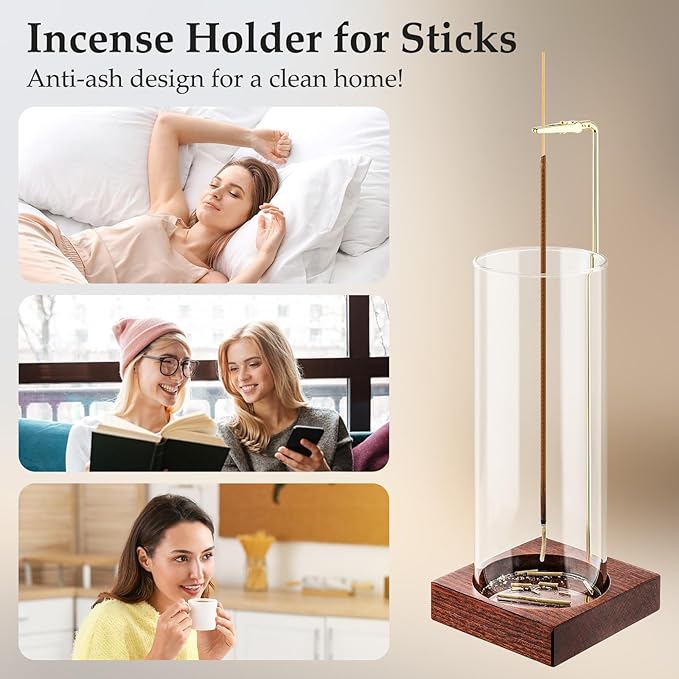 Incense Holder,Wooden Incense Holder for Sticks with 20 Incense Sticks, Anti-ash Incense Burner with Glass Ash Catcher for Meditation Yoga Spa Gift Home Decor - Bloomnest
