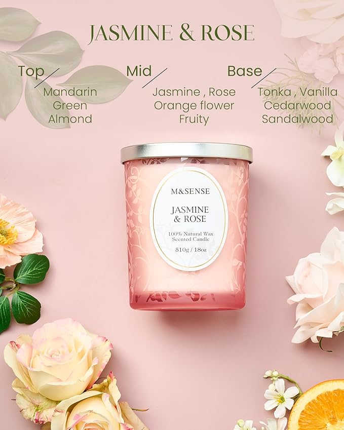 M&SENSE Jasmine Rose Candle, Cracking Wooden Wick Soy Wax, 18oz 100 Hours Long Lasting Clean Burn, Large Jar Candles for Home Scented, Non-Toxic Relaxing Aromatherapy Gifts for Women - Bloomnest