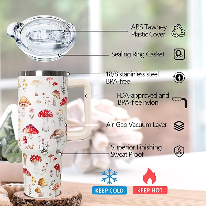 Ceovfoi 40 Oz Mushroom Stainless Steel Coffee Travel Mug Cup Water Bottle Tumbler with Handle Lid and Straw,Mushroom Decor,Mushroom Gifts for Women - Bloomnest