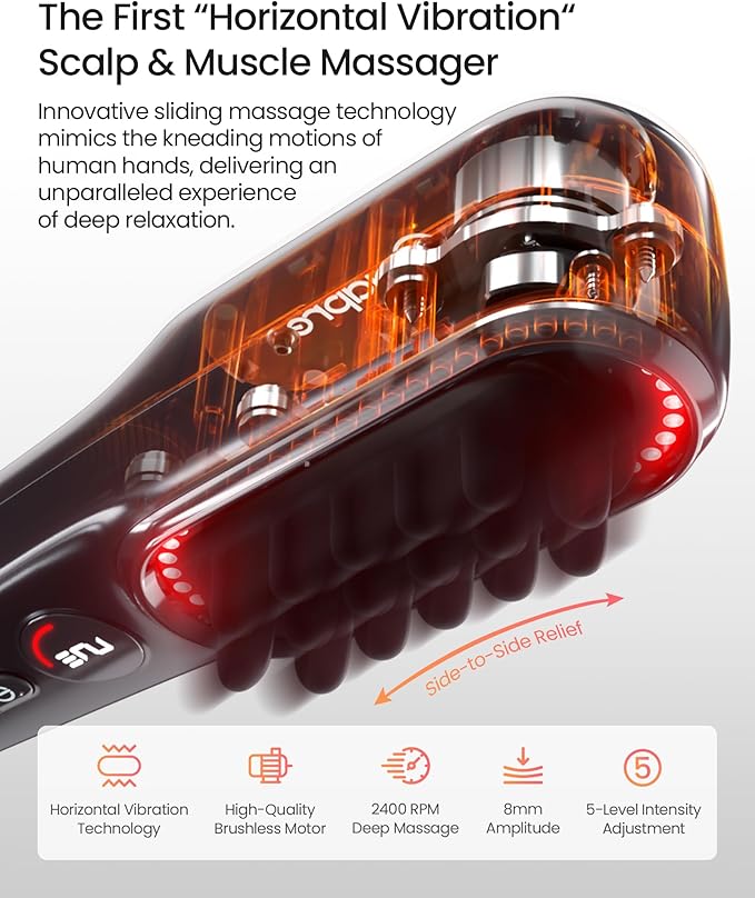 NAPRE Electric Scalp Massager,Head & Hair Massager Scalp Stress Relax,Cordless Handheld Muscle Massager with Horizontal Vibration for Face,Neck,Shoulder & Body,with Charging Dock Napre