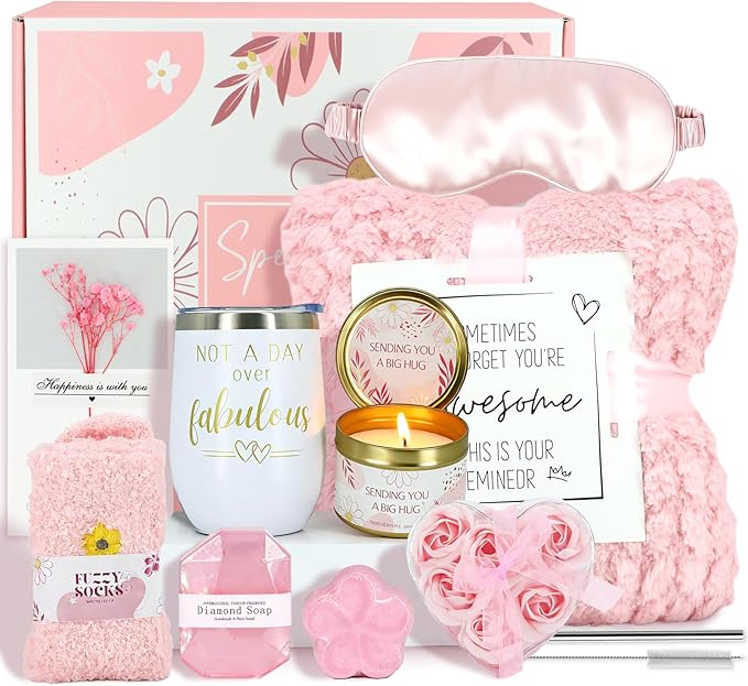 Birthday Gifts for Women, Self Care Get Well Soon Gifts Basket for Women, Flower Relaxing Spa Gift Basket Bath Set,Unique Luxury Self Care Box Gift for Mom Her Wife Sister Girlfriend, Girl Friend Pink - Bloomnest