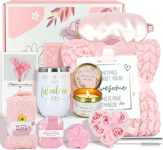 Birthday Gifts for Women, Self Care Get Well Soon Gifts Basket for Women, Flower Relaxing Spa Gift Basket Bath Set,Unique Luxury Self Care Box Gift for Mom Her Wife Sister Girlfriend, Girl Friend Pink