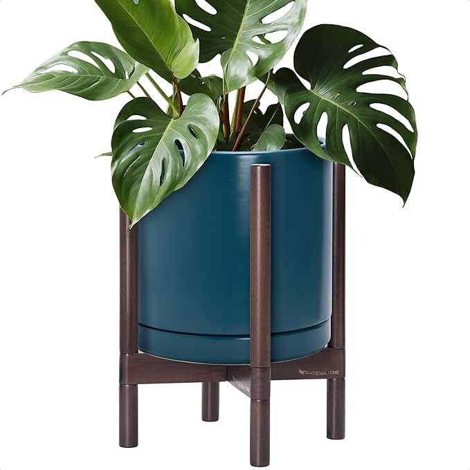D'vine Dev Ceramic Planter with Walnut Color Stand - 12 Inch Modern Round Flower Pot with Wood Planter Holder, Teal, 55-B-W-4 - Bloomnest
