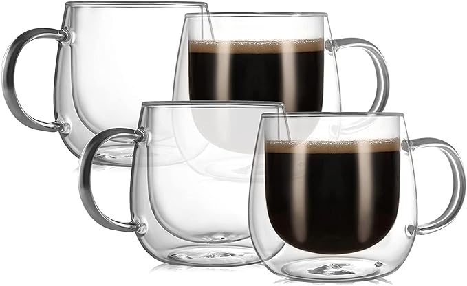 CNGLASS 12oz Double Walled Glass Coffee Mugs(4-pack),Large Clear Coffee Cups with Handle,Glass Espresso Mugs for Latte,Cappuccino,Tea - Bloomnest
