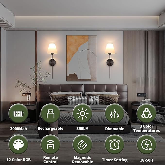 Battery Operated Wall Sconce Set of 2,15 Colors Wireless Wall Light With Dimmable Remote Control Last 18-50 Hours,Black Rechargeable Wall Lamp With White Fabric Shade For Living Room Bedroom Hallway - Bloomnest