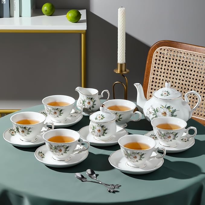 CHENP.HMC Porcelain Tea Set Tea Cup Set 22-Piece Porcelain Ceramic Coffee Tea Gift Sets Cups Saucer Service for 6 Teapot Sugar Bowl Creamer Pitcher and Teaspoons tea pot sets(Camellia) - Bloomnest