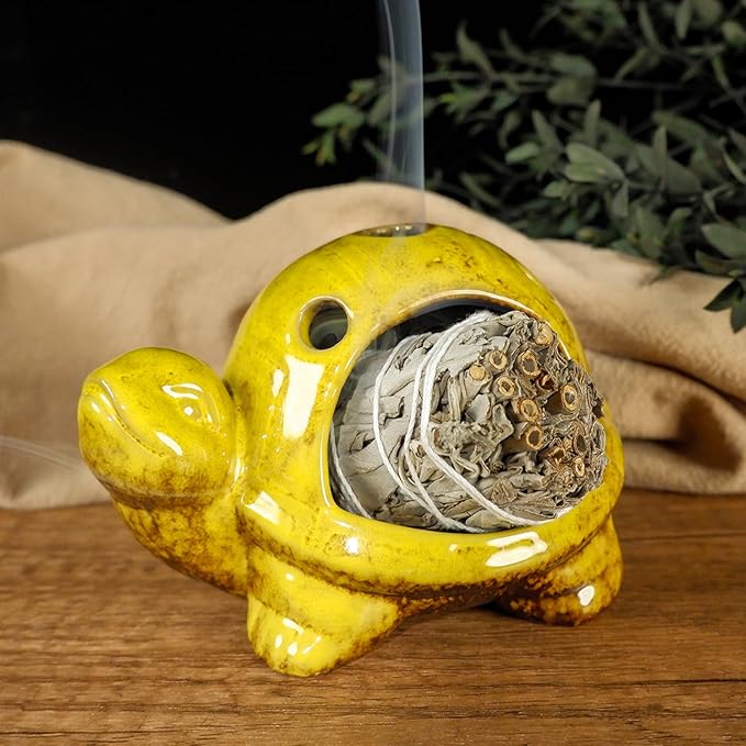 Yellow Ceramic Turtle Palo Santo Burner Holder-Mini Chiminea Incense Dish for Burning Smudge Sticks、Sage、Aromatic Santos、 Incense Cones Fits Altar &Zen Spaces,Unique Gift for Friends & Family MOUGIGI