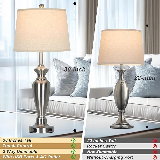 30" Tall Silver Table Lamps Set of 2 for Living Room, 3-Way Dimmable Touch Control Bedside Lamps for Bedroom Nightstand with USB A+C Ports & AC Outlet (2 LED Bulbs Included) - Bloomnest