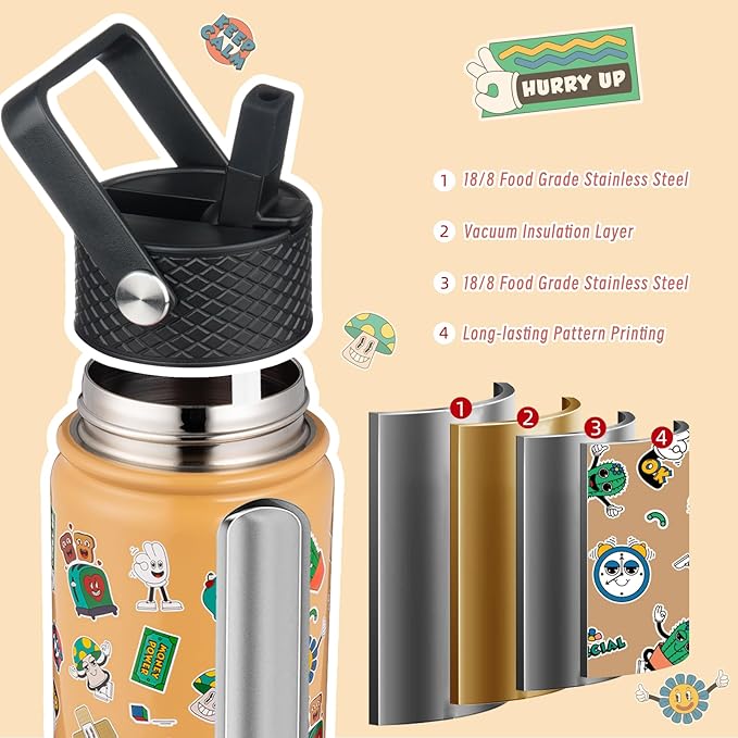 BJPKPK Insulated Water Bottle with Straw Lid, 18 oz Stainless Steel Metal Water Bottles, Reusable Leak Proof BPA Free Water Bottles, Cups, Thermo, Spring Party-Brown - Bloomnest