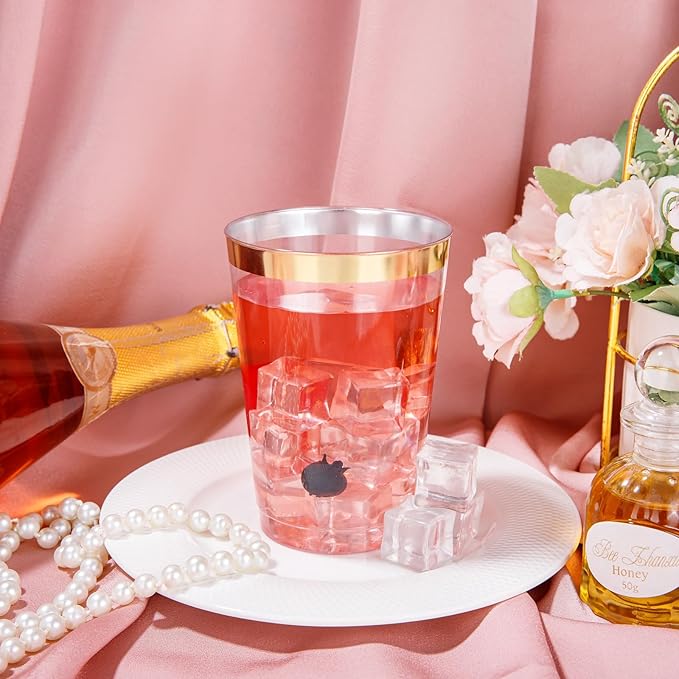 I00000 50 Pack 12 oz Gold Plastic Cups, Gold Rimmed Disposable Cups, Disposable Plastic Wine Glasses Cocktail Glasses Heavy Duty Cup with Golden Rim, 12 Ounce Tumblers for Party & Wedding - Bloomnest