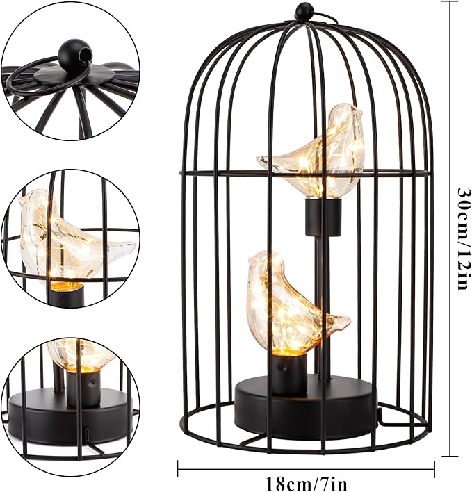 JHY DESIGN Birdcage Decorative Lamp Battery Operated 12" H Cordless Table Lamp with Warm White Fairy Lights Bird Bulb for Indoor Bedroom Living Room Home Wedding Xmas(Black) - Bloomnest