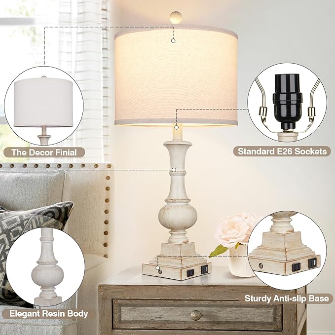 26" Farmhouse Table Lamp, Vintage Rustic Touch Control Bedside Lamp with 2 USB Ports & AC Outlet, Boho Resin 3-Way Dimmable Nightstand Lamp Linen Fabric Shade for Living Room Bedroom End Table White - Bloomnest