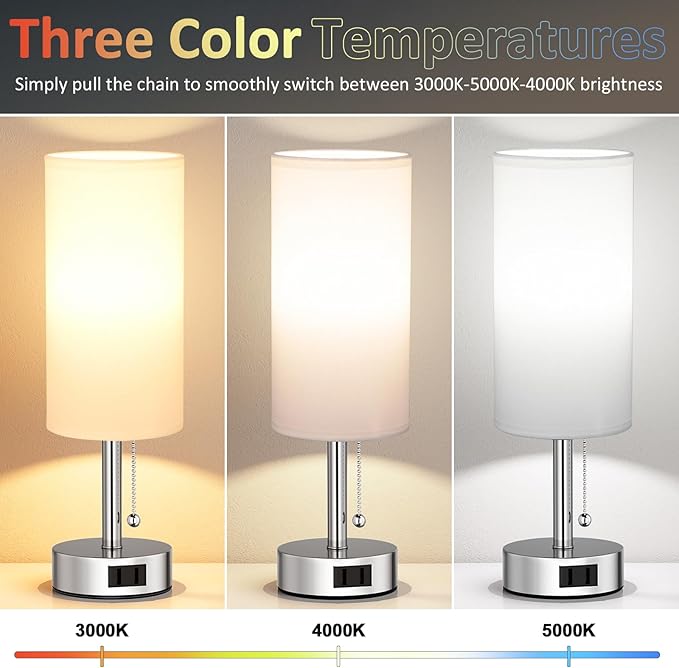 Fenmzee White Silver Bedside Table Lamps Set of 2-3 Color Temperatures Pull Chain Lamp with AC Outlet Charging Port, Two Round Night Stand Lamps for Bedroom, Small Bed Side Light with E26 LED Bulbs - Bloomnest