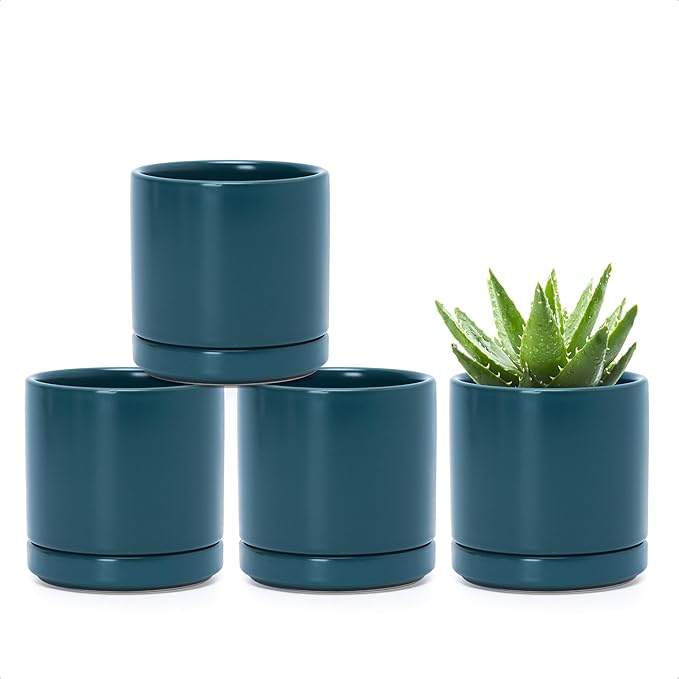 D'vine Dev Set of 4 Small Ceramic Plant Pots, 3.5 Inch Succulent Planter Pot for Plants with Drainage Hole and Saucer, Teal, 94-X-A-9 - Bloomnest
