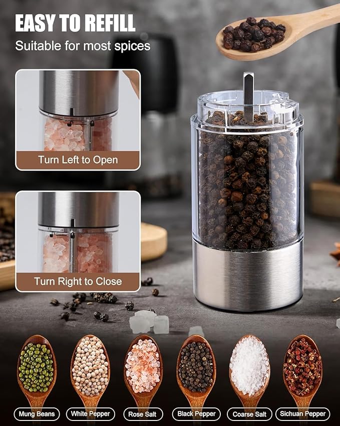 GiveBest Electric Salt and Pepper Grinder Set – Rechargeable Stainless Steel Mills, 100 ml Automatic Shakers Set with 6-Level Adjustable Coarseness and Light, Upgraded Larger Capacity - Bloomnest