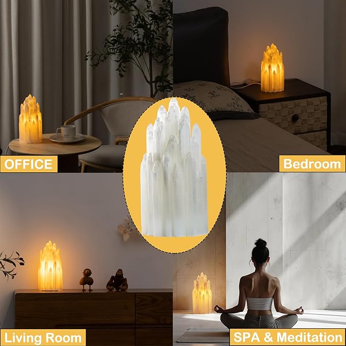 Handcrafted Selenite Lamp Salt Lamp Natural Crystal Light for Relaxation Table Lamp Salt Rock Night Light with Dimmer Switch for Bedroom, Yoga Room, Healing Meditation Decor White
