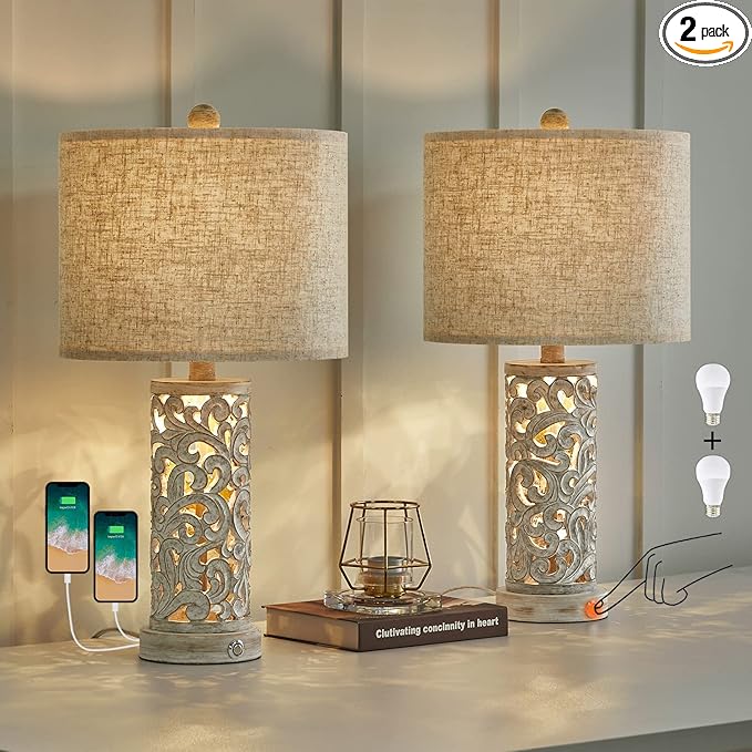 OYEARS 3-Way Dimmable 22'' USB A+C Touch Control Table Lamp Set of 2 with Nightlight for Living Room Bedroom Farmhouse Bedside Nightstand Lamps (Bulb Included) - Bloomnest