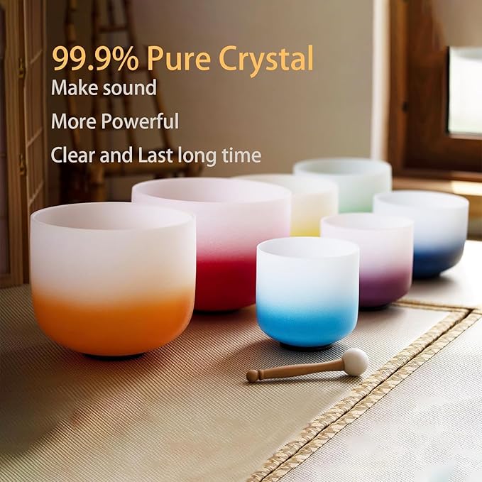 Hye-eun Crystal Singing Bowl Set 432hz,7-12 Inch Gradient Colored Quartz Singing Meditation Sound Bowls Set of 7pcs with Carrying Case for Yoga Sound Healing - Bloomnest