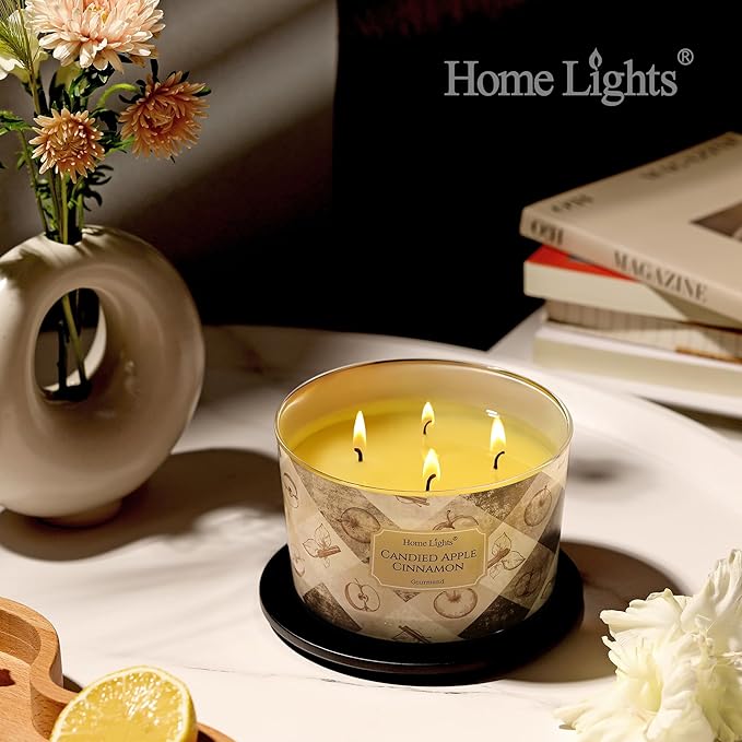 HomeLights Large jar Candle | 4-Wick Long-Lasting Scented Candles, 18oz Natural Soy Wax Candle for Home Scented, Rustic Modern Gifts for Women & Men, Candied Apple Cinnamon - Bloomnest