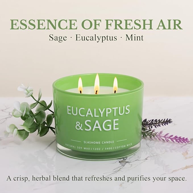 Sage & Eucalyptus Candle, Large 3 Wick 12oz Soy Candle for Home Scented, Luxury Elegant Jar Candle Gift for Women & Men, Long-Lasting Non-Toxic Burn 60+ Hours, Home Decor - Bloomnest