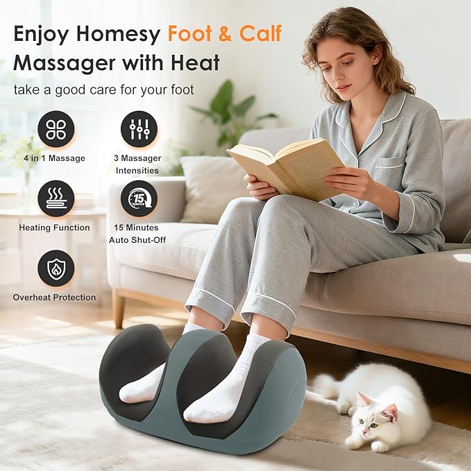 Homesy Foot Massager with Heat, Shiatsu Foot and Calf Electric Kneading Massager Machine with Roller for Relaxation, Plantar Fasciitis, Pain Relief, Gifts for Women & Men, Grey - Bloomnest