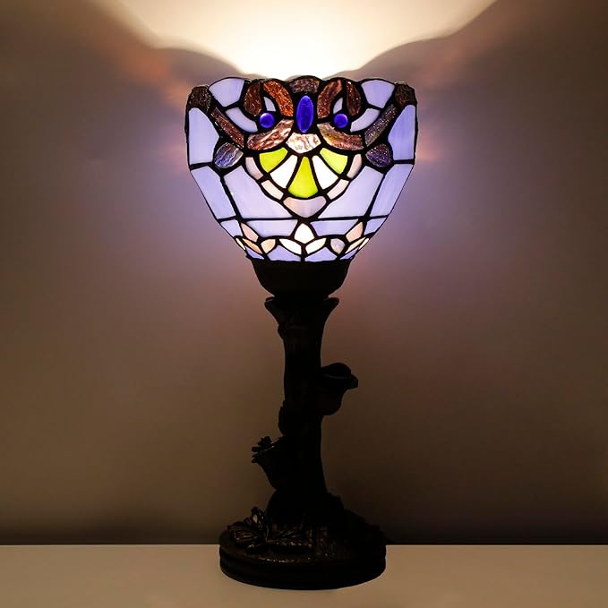 Small Tiffany Lamp Stained Glass Table Lamp Desk Uplight 6X6X13.5 Inch for Bedroom Bedside Office (Blue Baroque) - Bloomnest