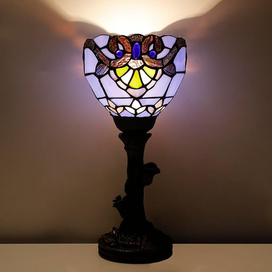 Small Tiffany Lamp Stained Glass Table Lamp Desk Uplight 6X6X13.5 Inch for Bedroom Bedside Office (Blue Baroque) - Bloomnest