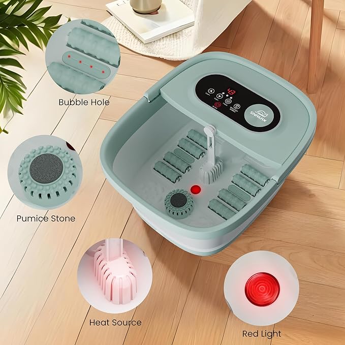 Snailax Collapsible Foot Spa with Heat, Foot Bath Massager with 8 Massage Rollers, Temperature Control, Bubbles, Pumice Stone, Foot Soaking Tub, Pedicure Foot Spa (Green) - Bloomnest
