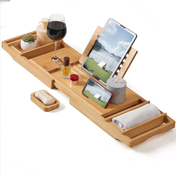 XcE Bamboo Bathtub Caddy Tray - Expandable to 41 Inches with Book Stand, Soap Holder & Anti-Slip Pads for Luxury Bath Spa, Natural - Bloomnest