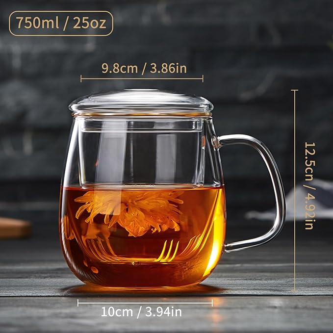 Large Glass Tea Cup, 25.6 oz Borosilicate Glass Tea Mug with Infuser and Lid, Clear Tea Cups for Brewing Scented Tea and Tea Bag - Bloomnest