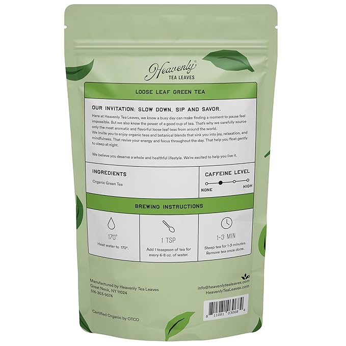 Heavenly Tea Leaves Organic Jasmine Green, Bulk Loose Leaf Green Tea, 1 Lb. (Approx. 200 Servings) - Antioxidant & Immune Boosting, Hot or Iced Tea, Great Natural Energy Source - Bloomnest